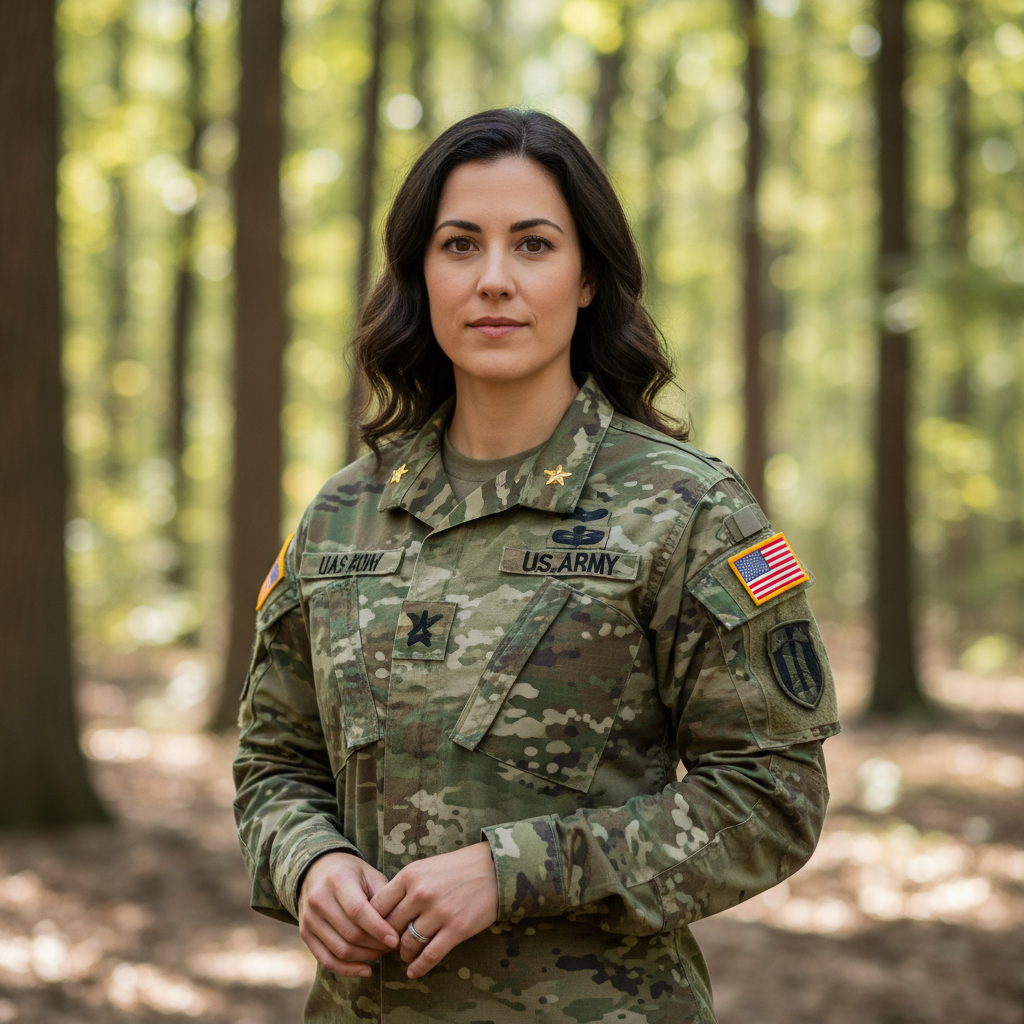 Female military officer with short hair in Army service uniform