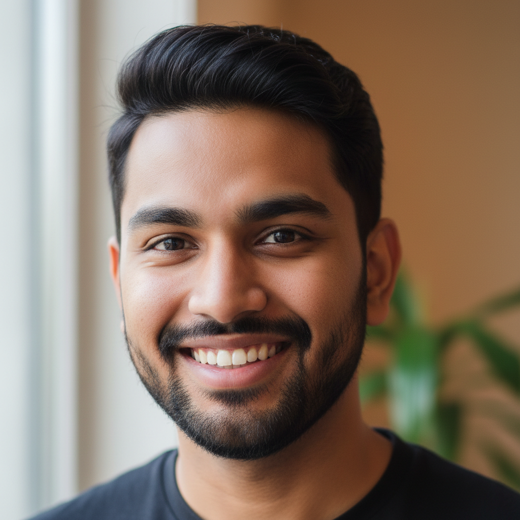 South Asian man with friendly smile, product designer headshot