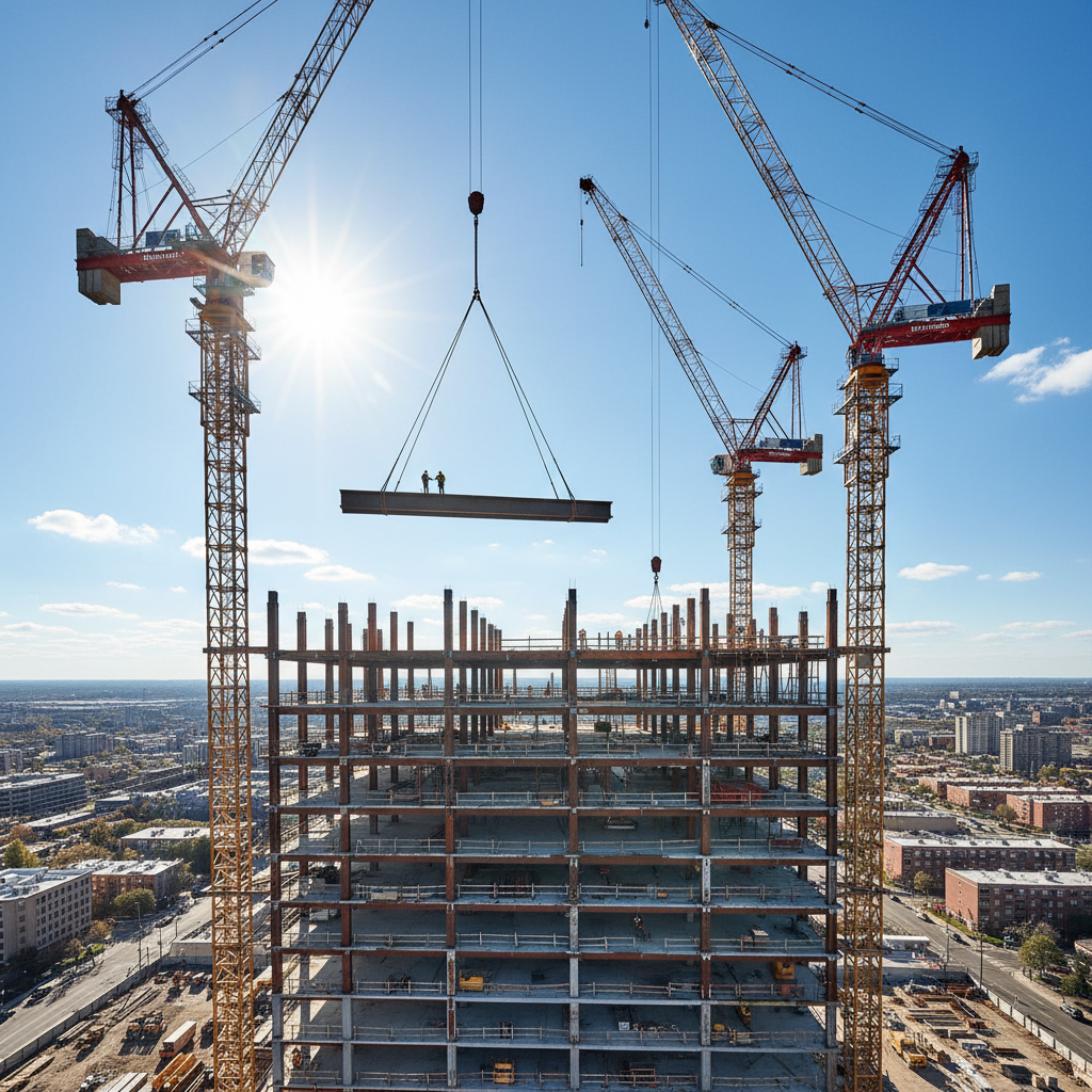 Construction cranes building skyscraper — weeks of work compressed