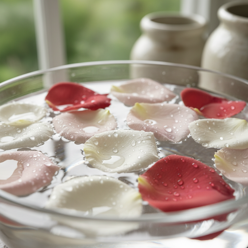 Soft rose petals floating in clear water with morning dew, bright airy natural spa environment, white and blush tones