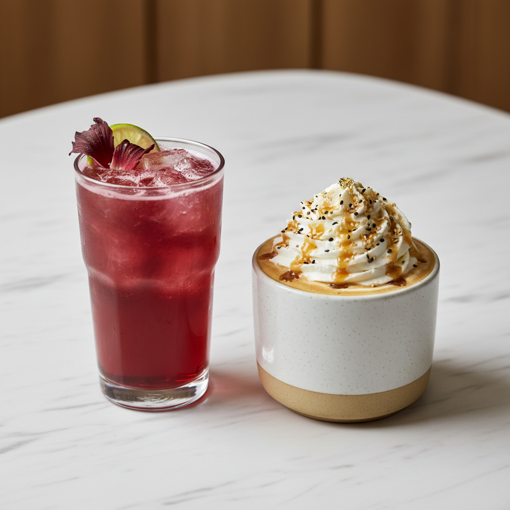Two new seasonal drinks — a vibrant hibiscus cold brew and a golden miso caramel latte — on a marble surface