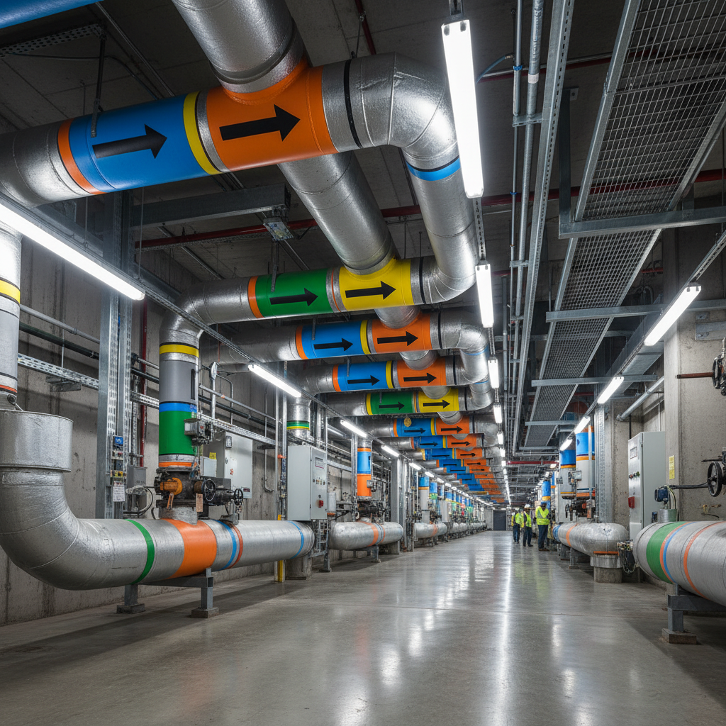 Insulated pipe mains with color-coded jacket bands and flow direction arrows in mechanical corridor