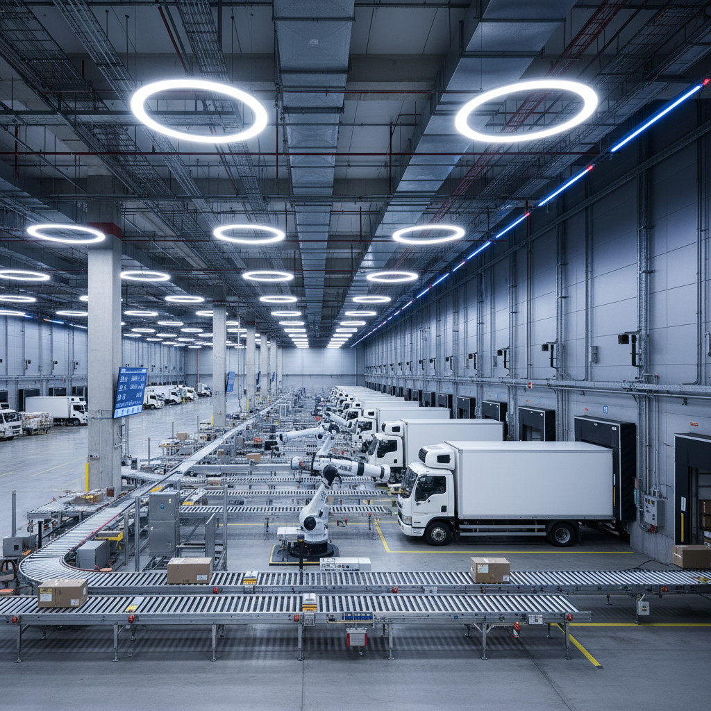 Großes Lager mit automatisierten Förderbändern und Gabelstaplern