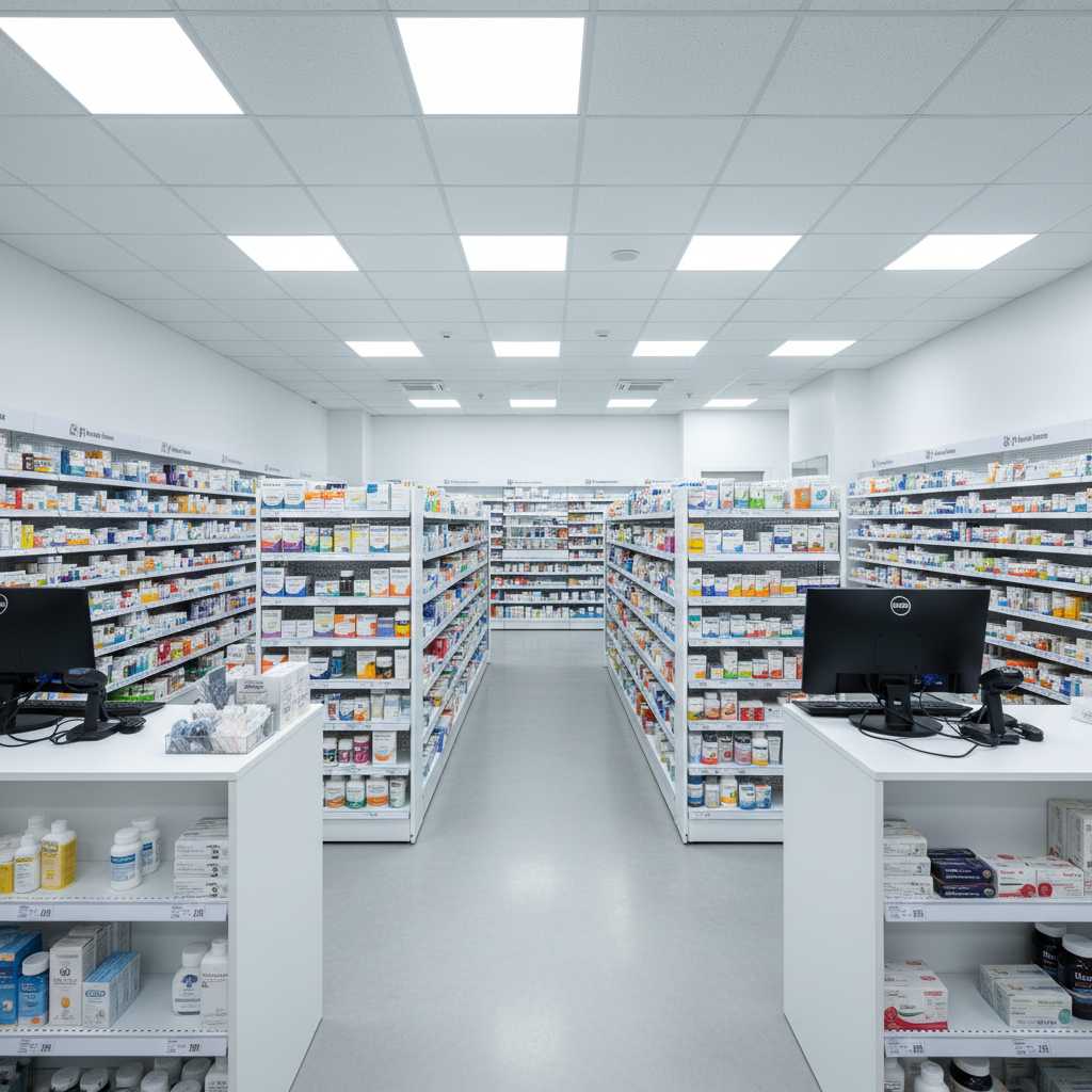 Generic pharmacy interior with drop ceiling tiles and fluorescent lighting