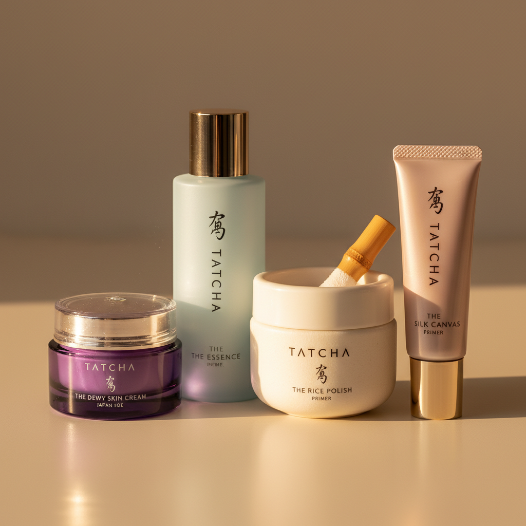 Tatcha Japanese skincare products in warm golden light