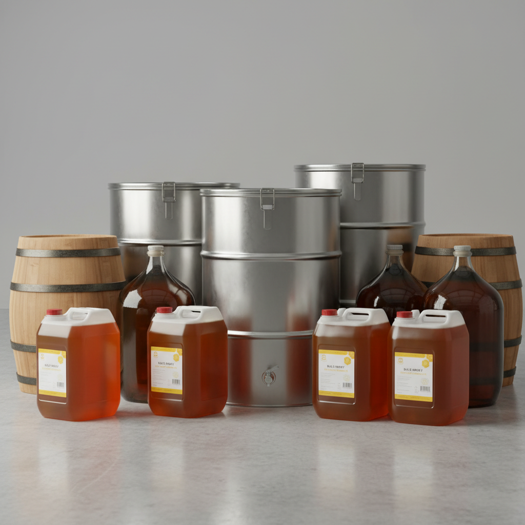 Large commercial honey containers and barrels for wholesale distribution