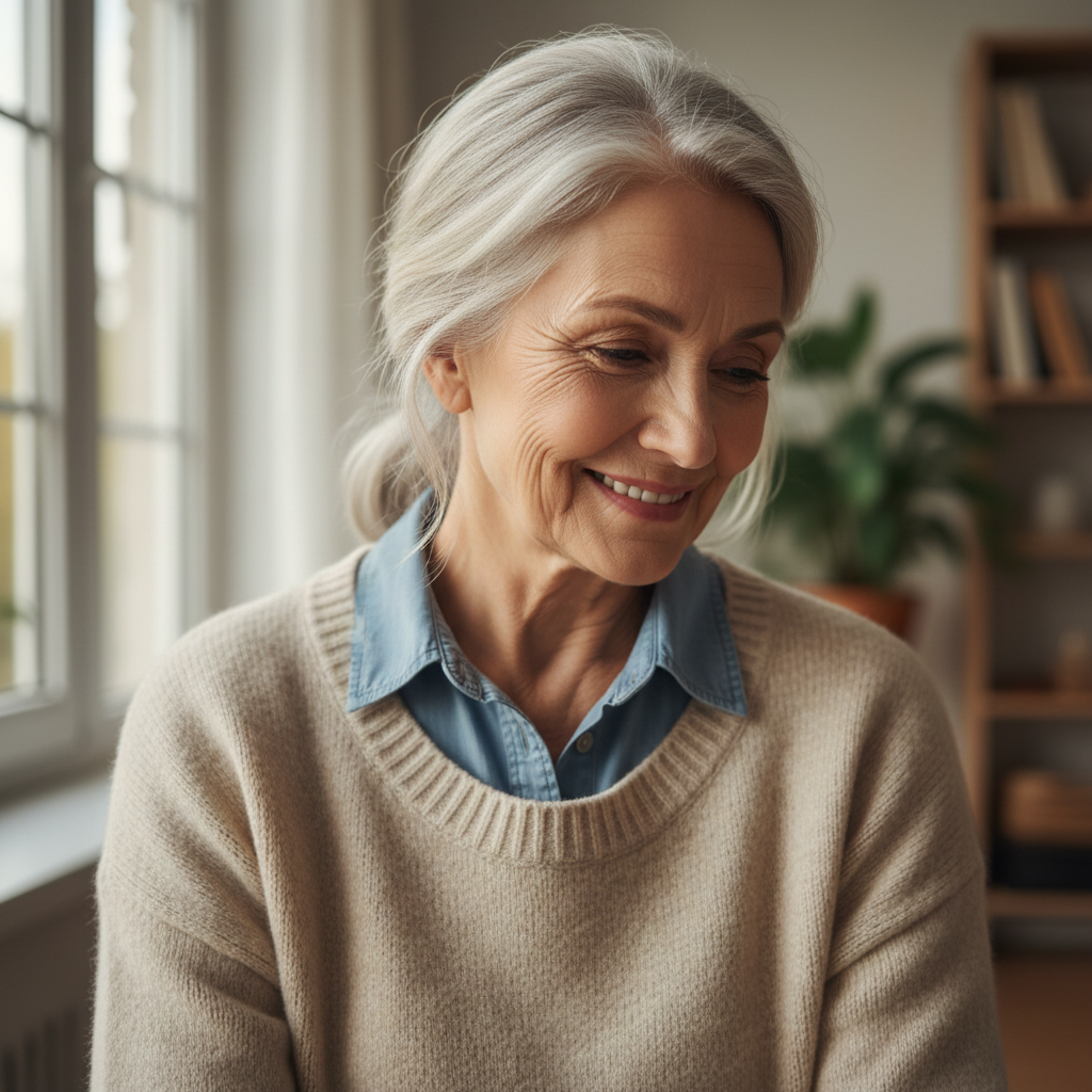 Older woman with kind eyes and warm smile, retired teacher