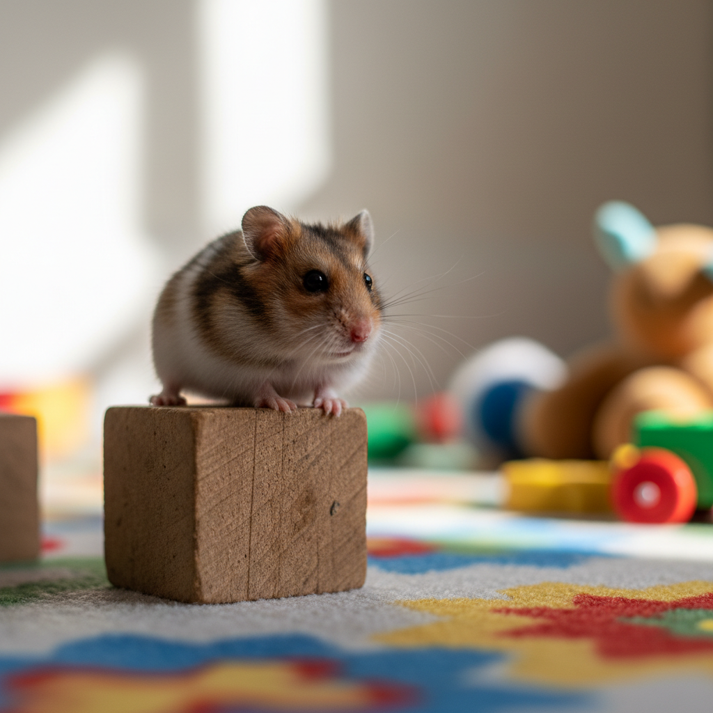 Photographer lying flat on a colorful playroom rug, macro lens pointed at a tiny hamster sitting on a wooden block