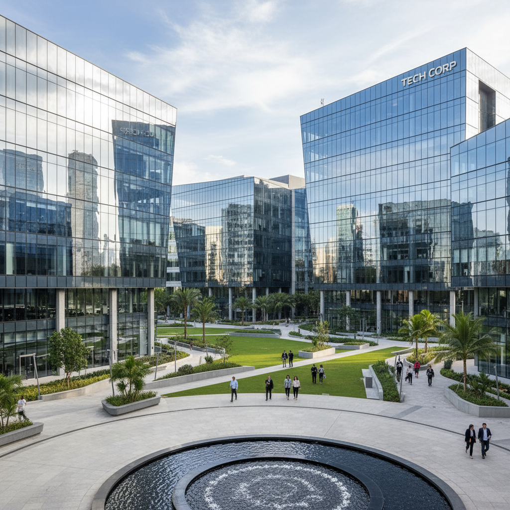 Modern corporate office campus in Buckhead Atlanta with glass facade