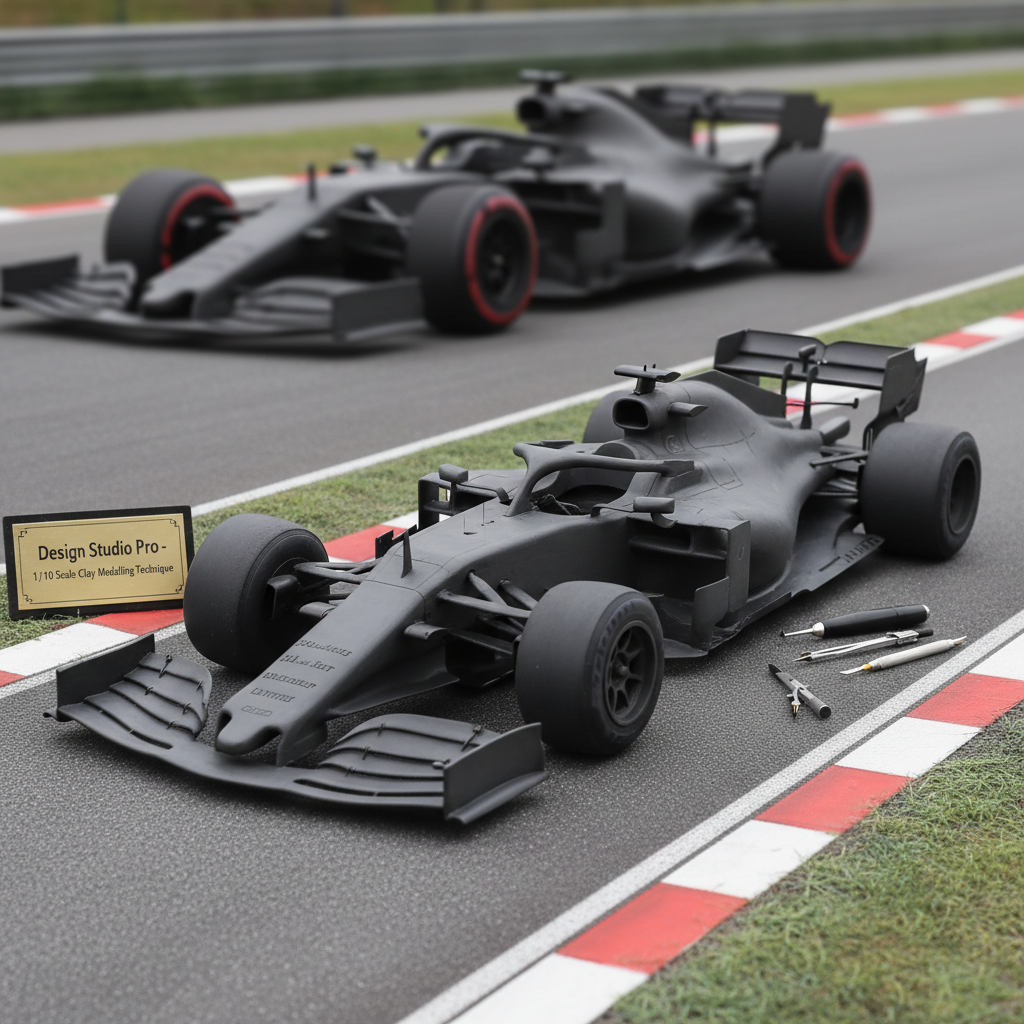 Formula 1 race car on track — the aerodynamic forms developed through scale clay modeling, the same 1/10 scale technique taught in the Design Studio Pro course