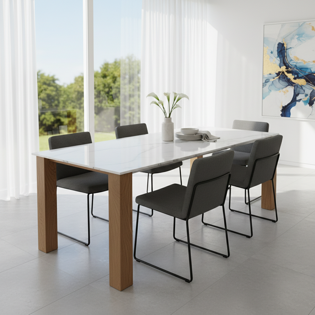 Modern white marble dining table with brass legs in bright open-plan dining space
