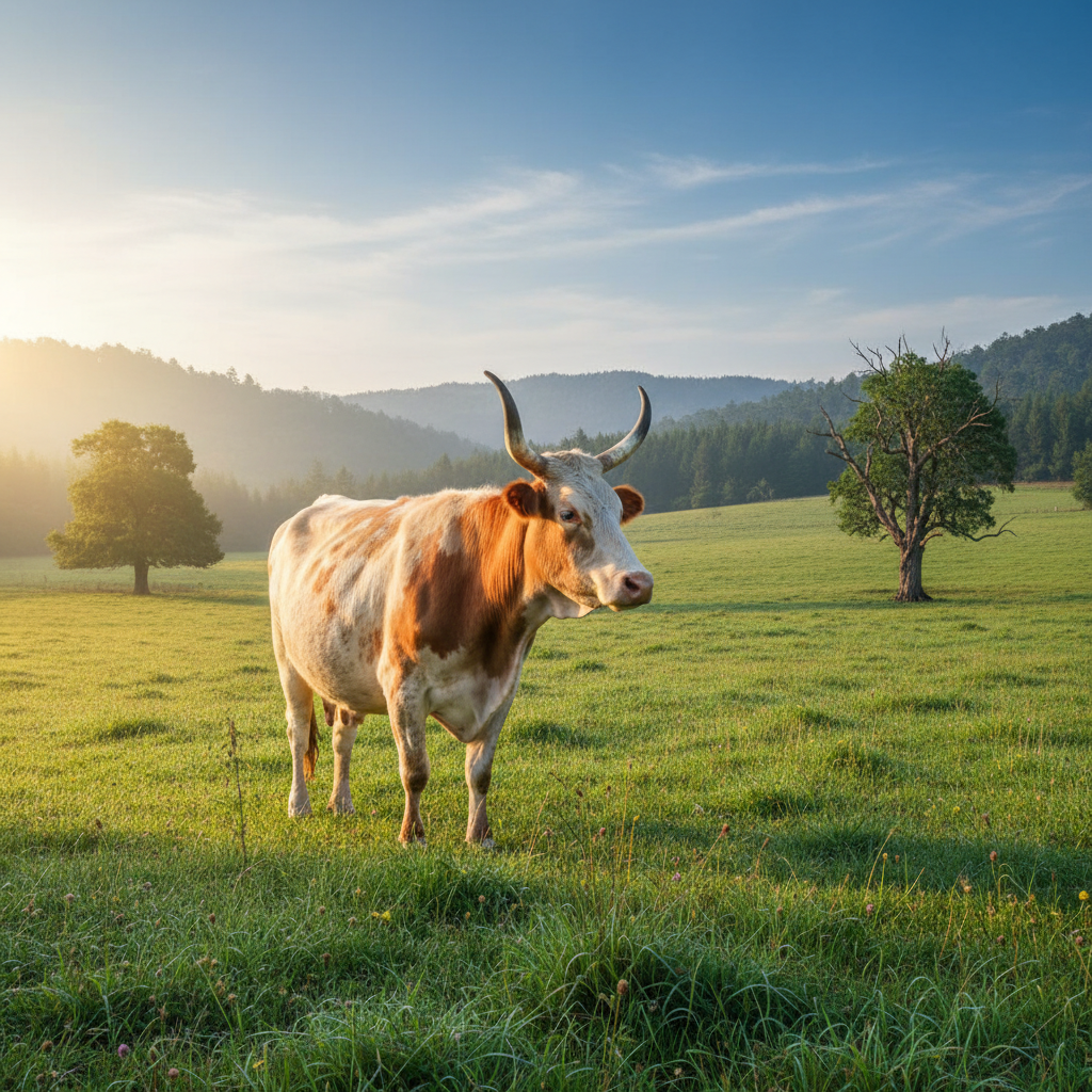 Indigenous Indian cow in green pasture, desi cow, Bos indicus, sacred animal