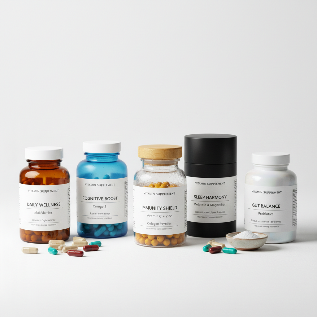 Natural vitamin supplement capsules in glass jar on white background, bright clean studio lighting