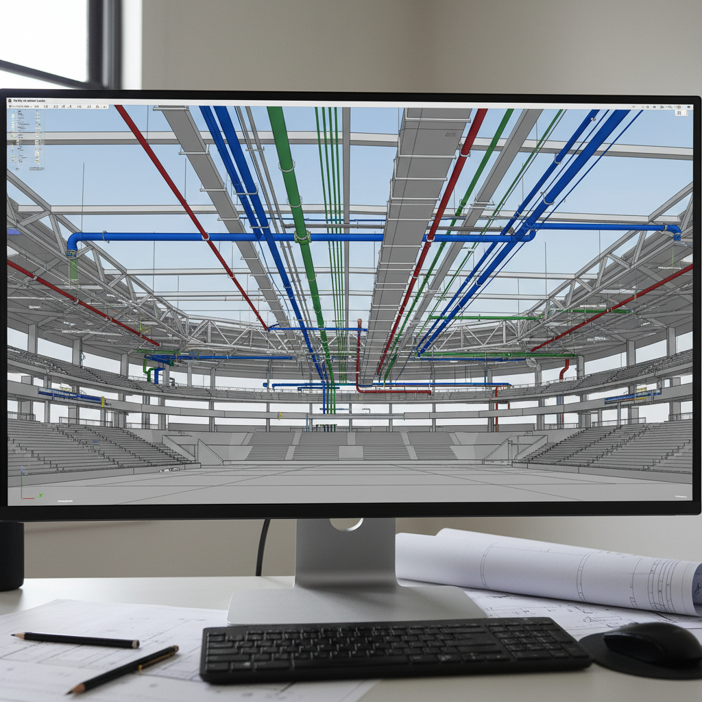 BIM coordination model on a computer screen showing pipe routing above a sports facility structure