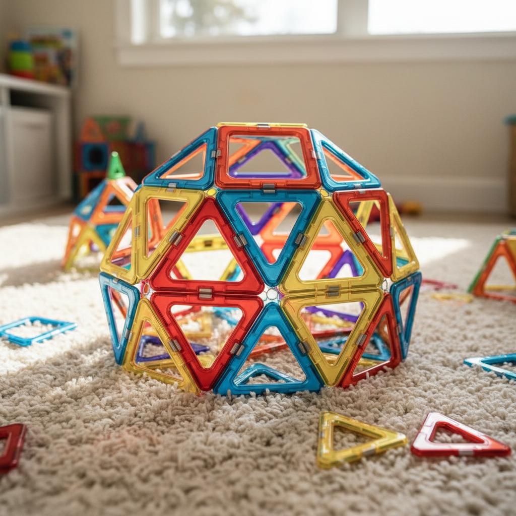 Colorful magnetic building tiles forming geometric shapes and structures