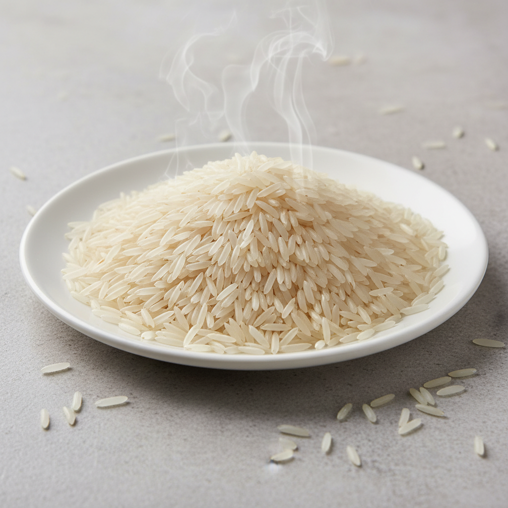 White basmati rice grains in a bowl on a bright clean background