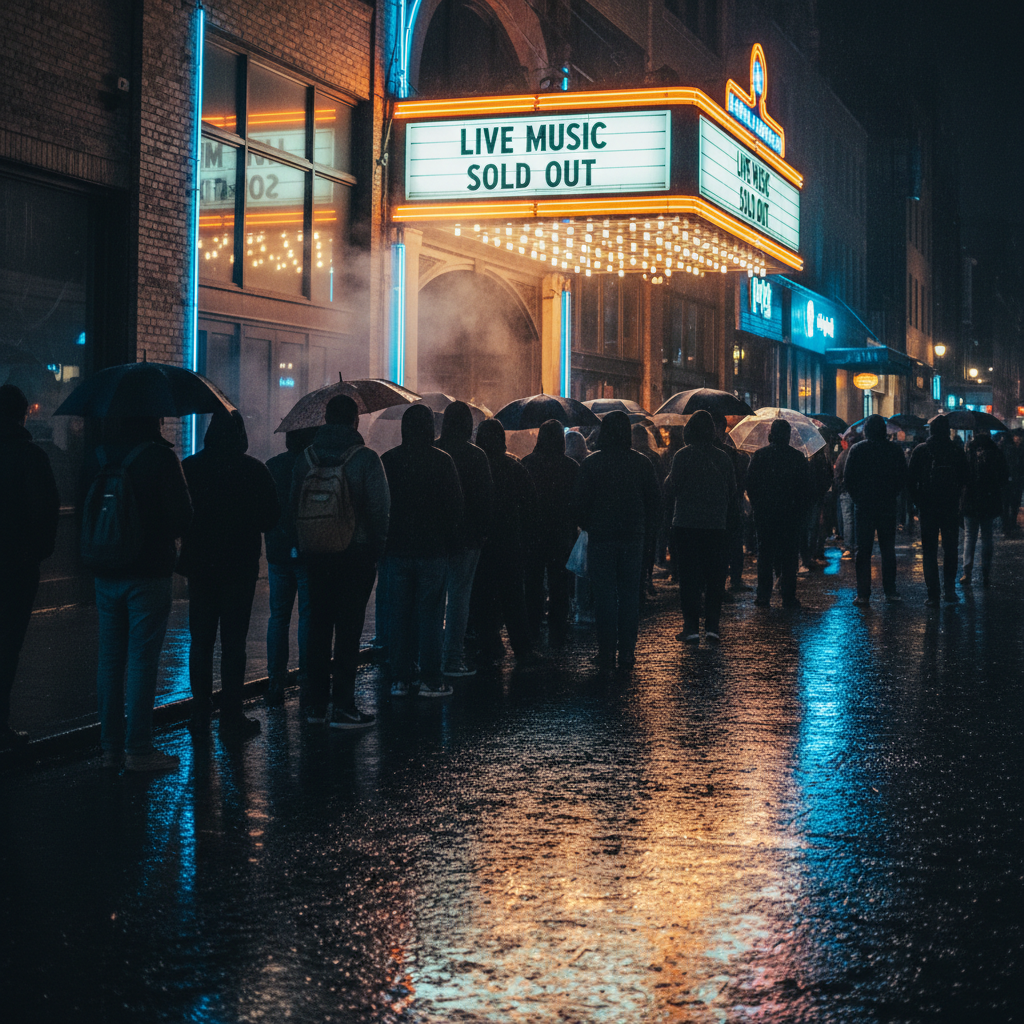 People queuing outside a venue at night, neon reflections on wet pavement
