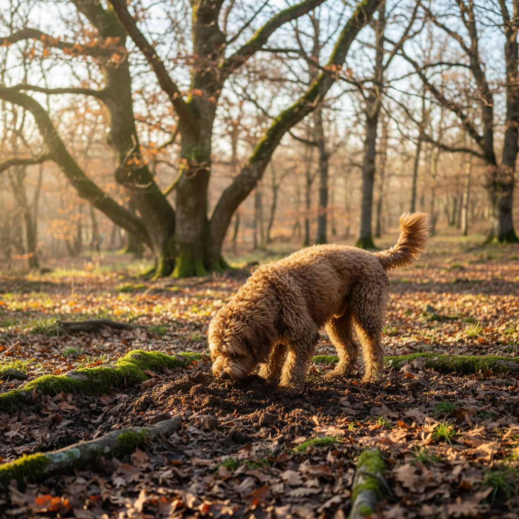 Périgord truffle hunting in oak forest, dog at work, winter morning light, rich earthy tones