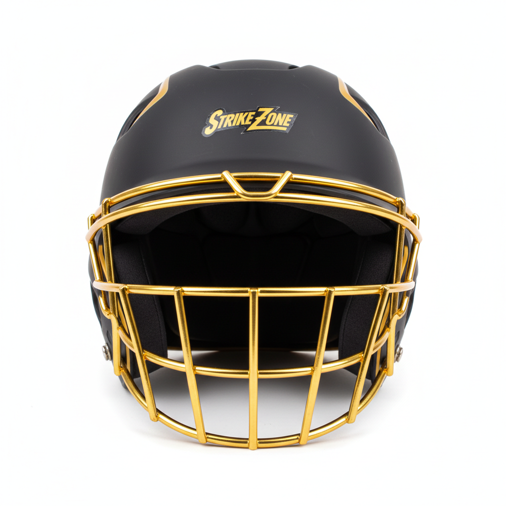 Youth baseball helmet with full face guard cage in black and gold colors