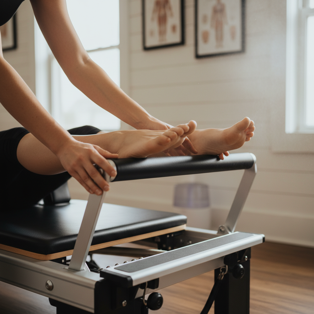 Pilates reformer session with instructor guiding client through core exercises