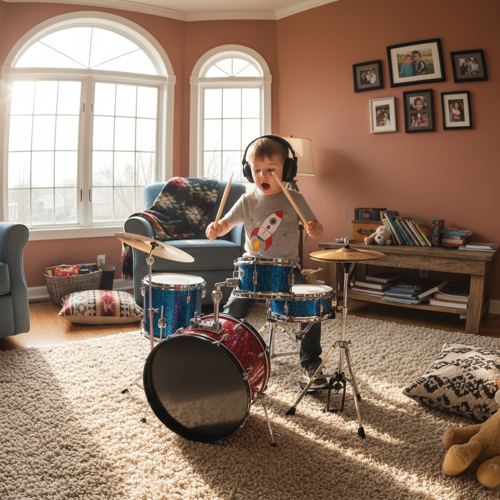 Child drummer playing on a small drum kit in a home practice space with rugs and soft furnishings