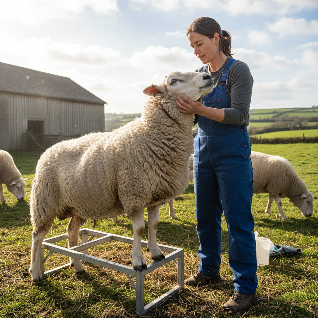 Veterinarian conducting sheep health assessment on UK farm, hands-on examination, rural setting
