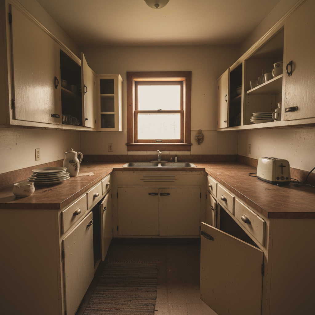 Dark cramped outdated kitchen with old cabinets and poor lighting, dated 1970s style