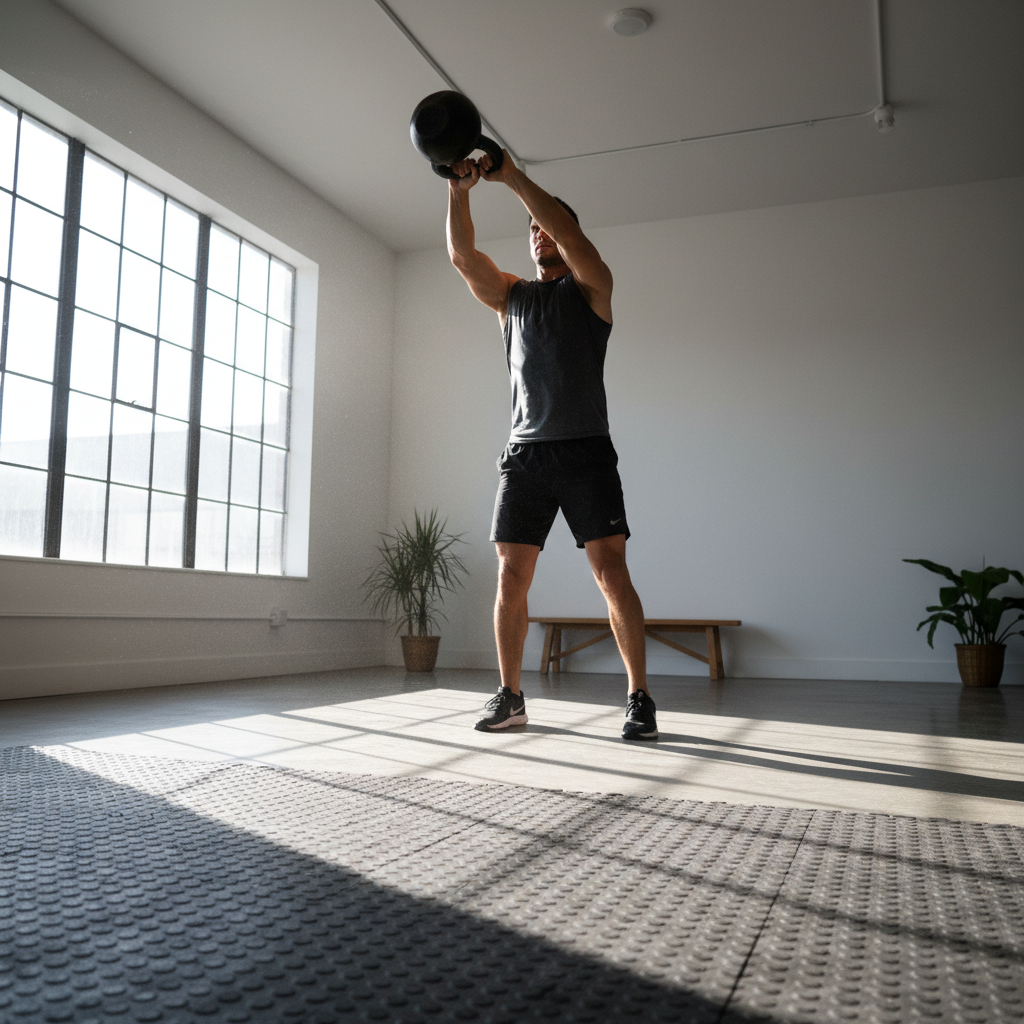 Athlete performing kettlebell swing in bright modern gym, dynamic movement, clean white walls