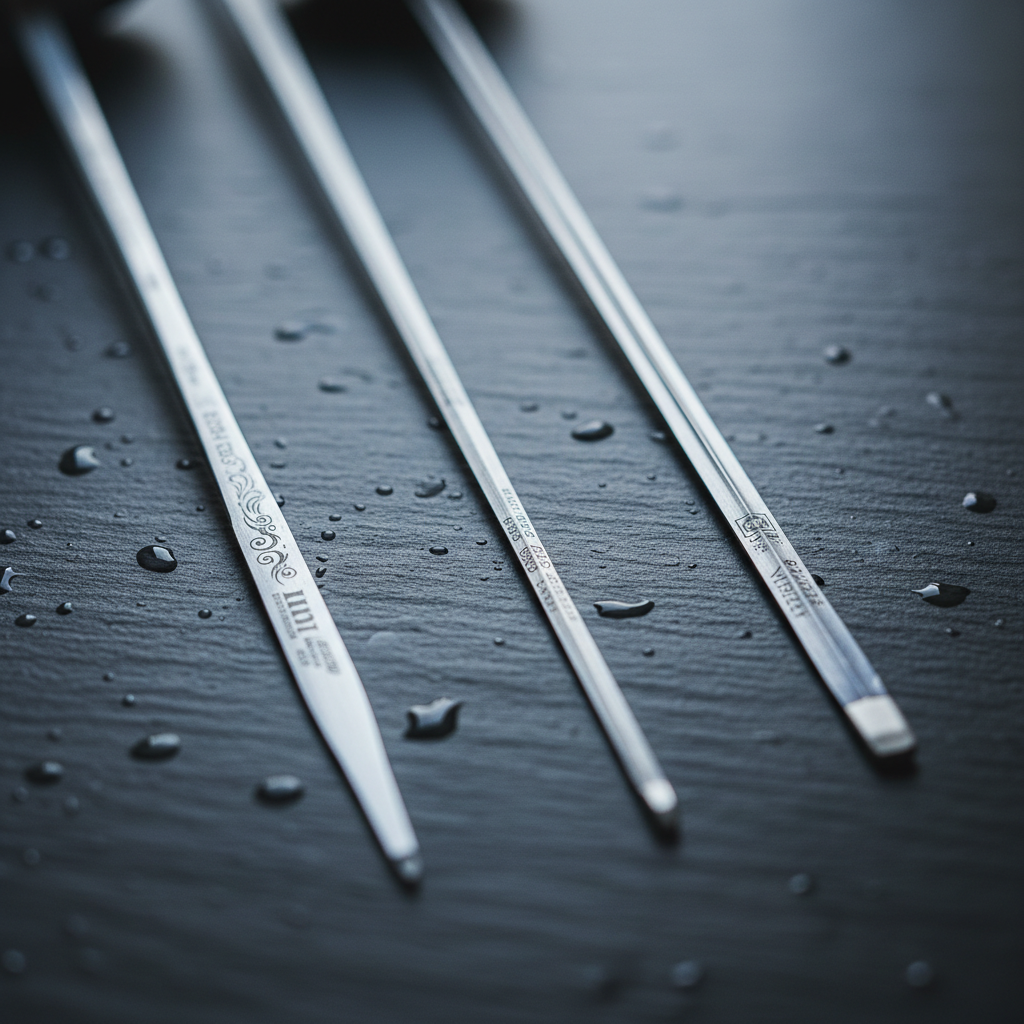 Close-up of fencing blades laid side by side for comparison