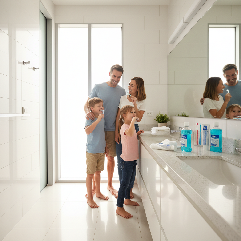 Happy family brushing teeth together in a bright modern bathroom with DCL Dencare products visible
