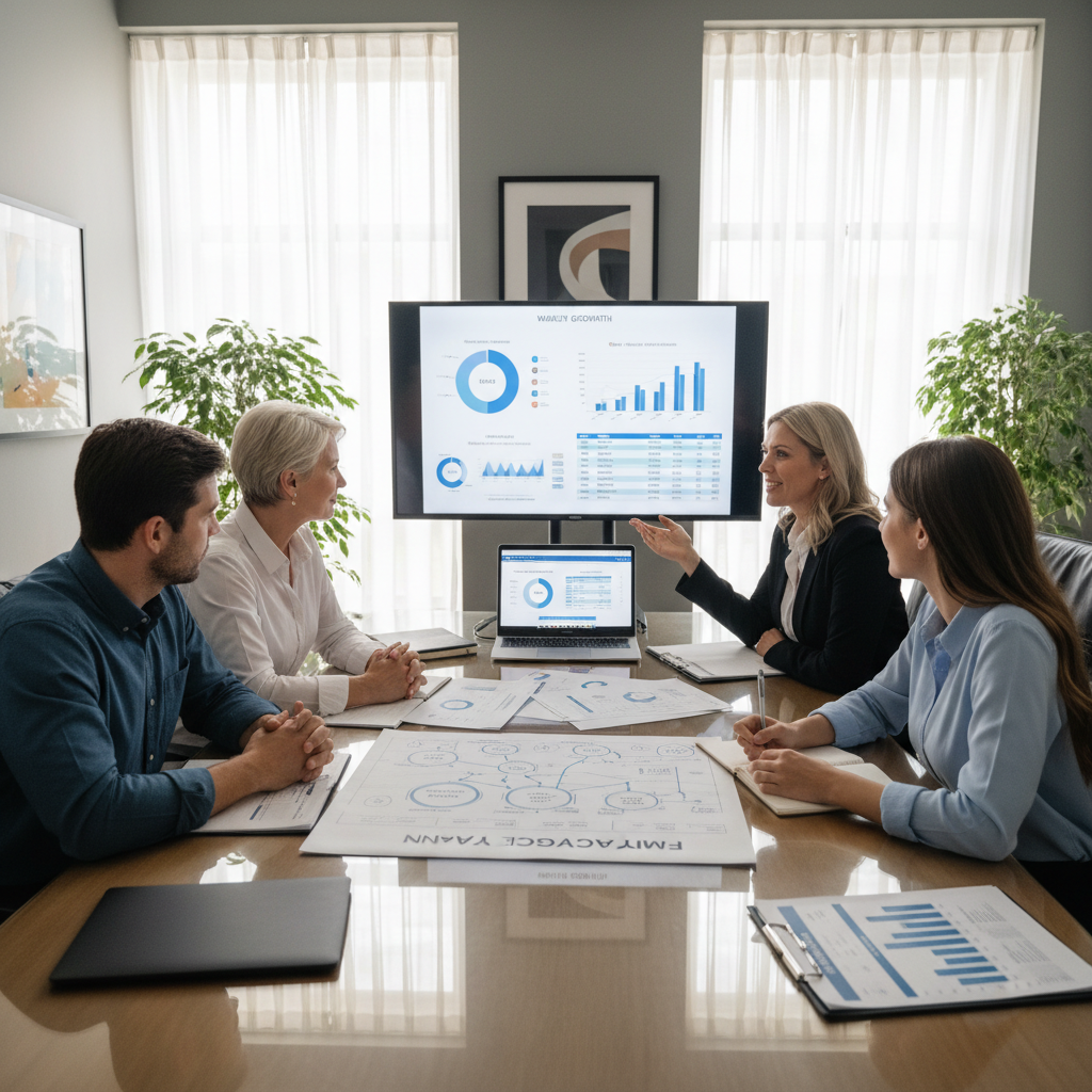 Wealth management advisor presenting financial plan to family clients in elegant boardroom