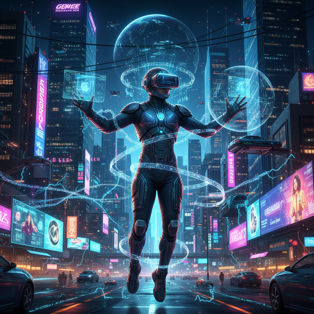 Person wearing VR headset in dark room with neon lighting and futuristic glow, cyberpunk atmosphere