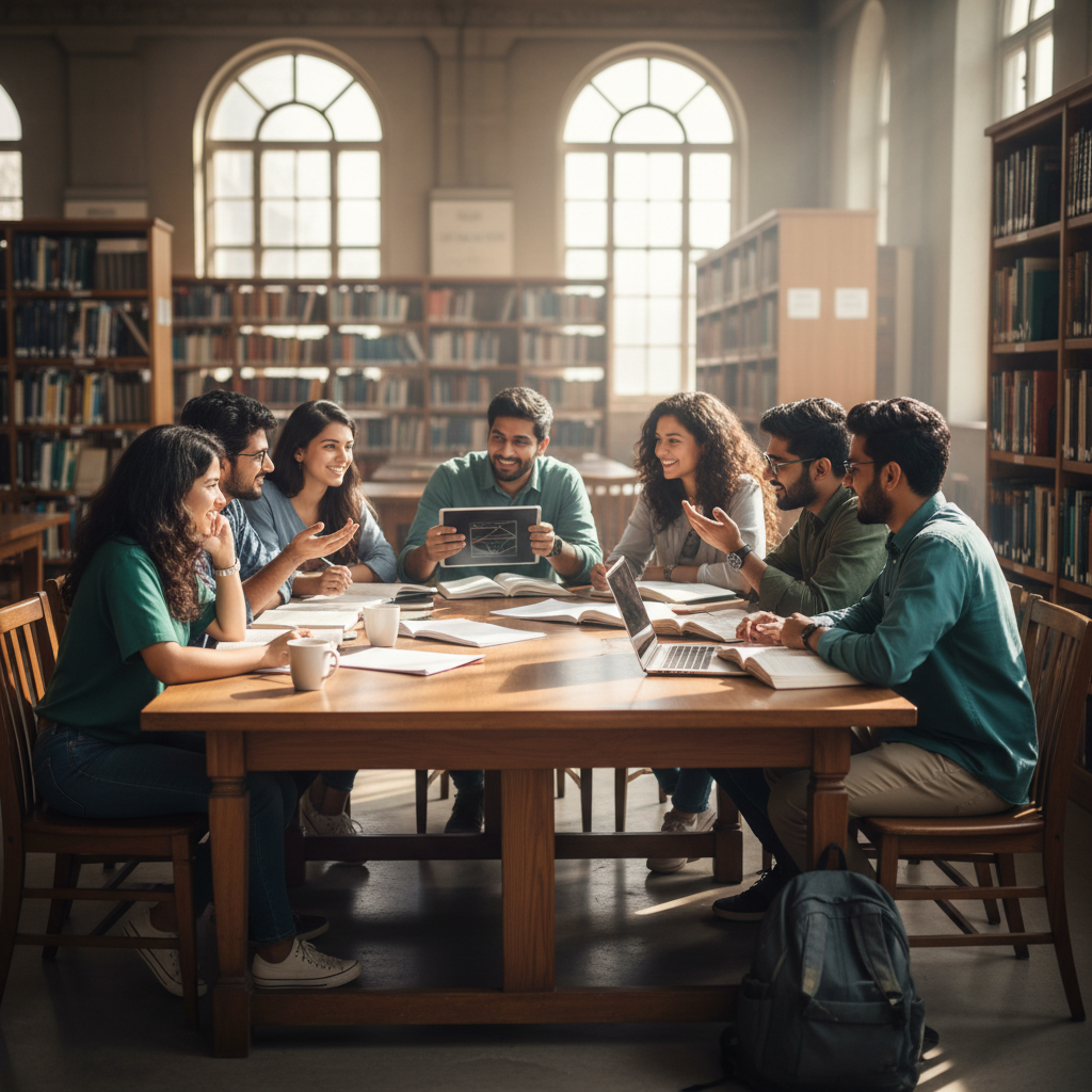 Happy Indian student group studying together at a university library abroad