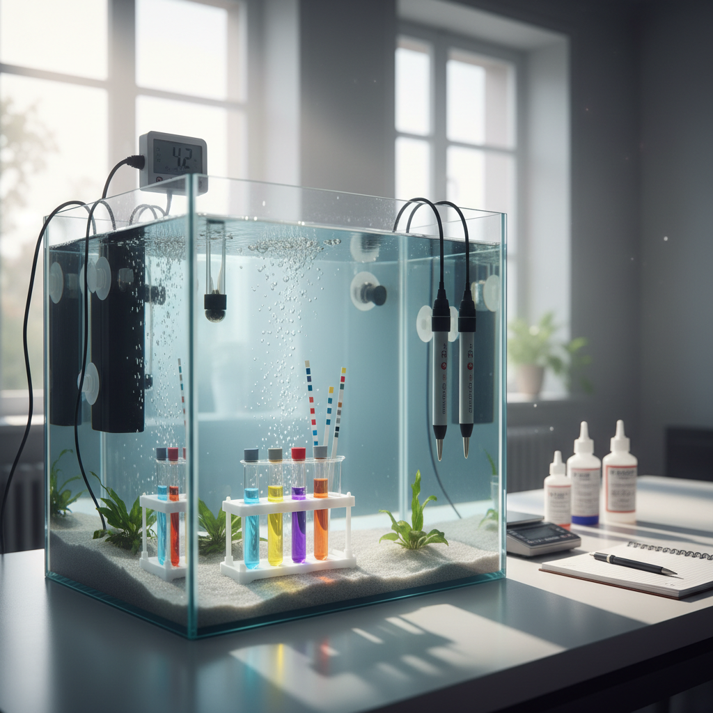 Water testing equipment and vials in an aquarium laboratory setting