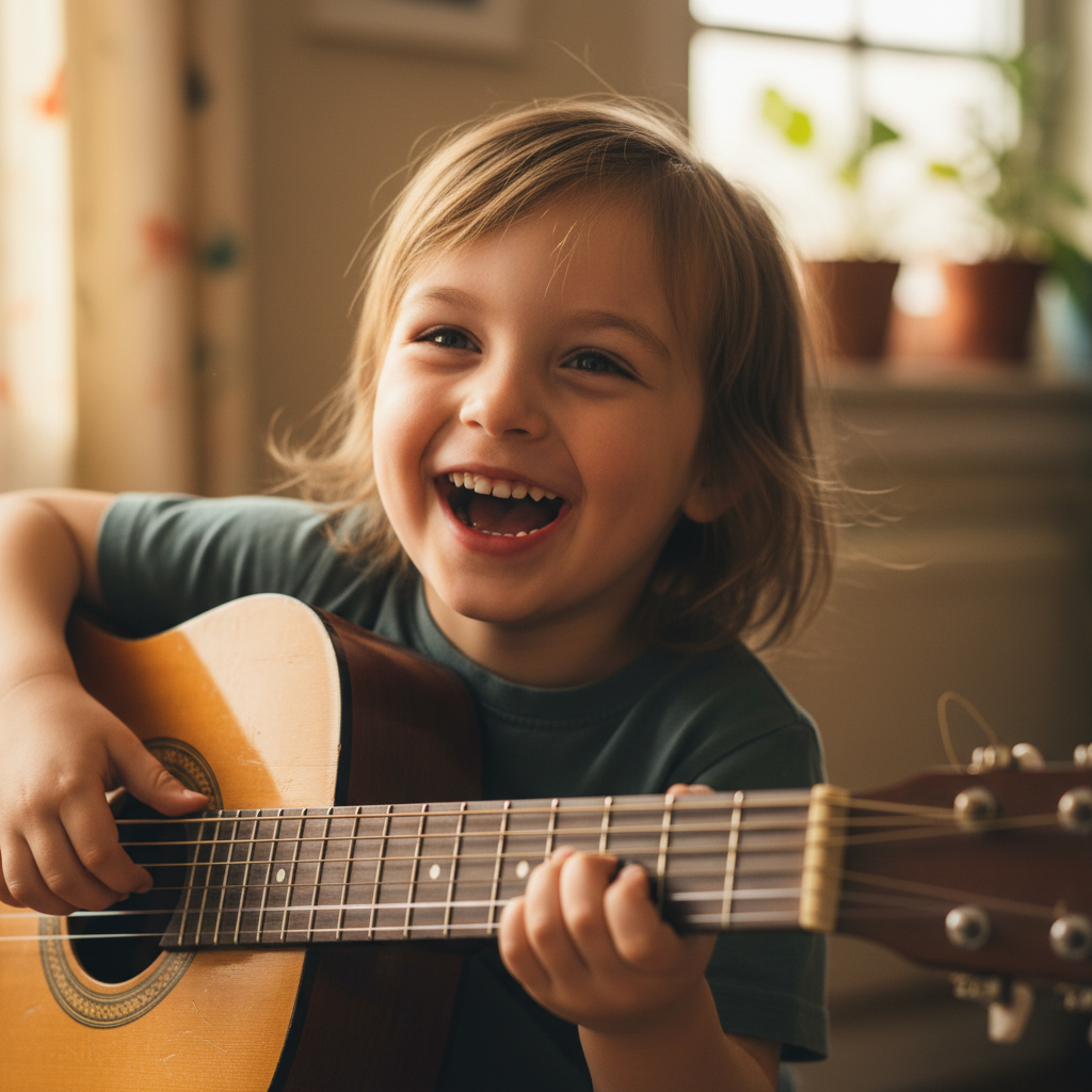 Child laughing while holding a guitar chord