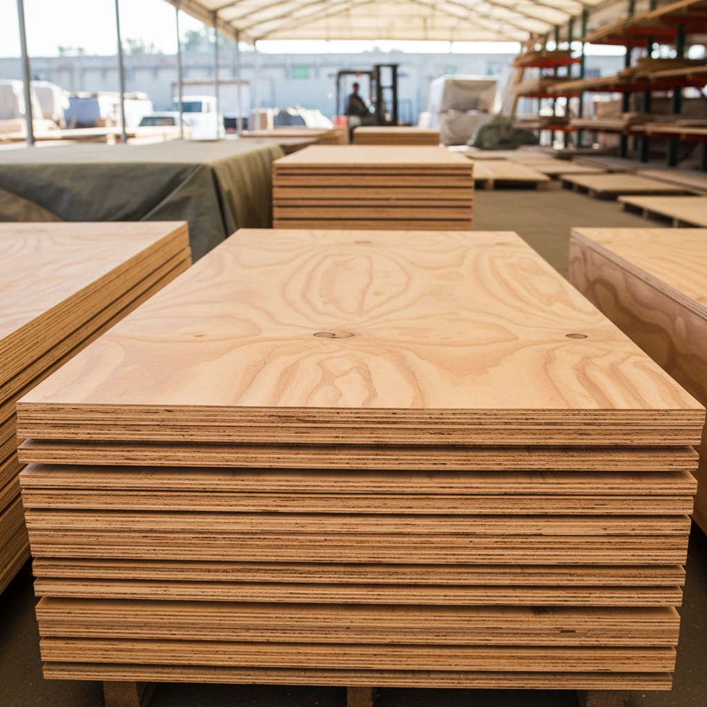 Stacked plywood sheets in a lumber yard, cross-section visible, neutral tones
