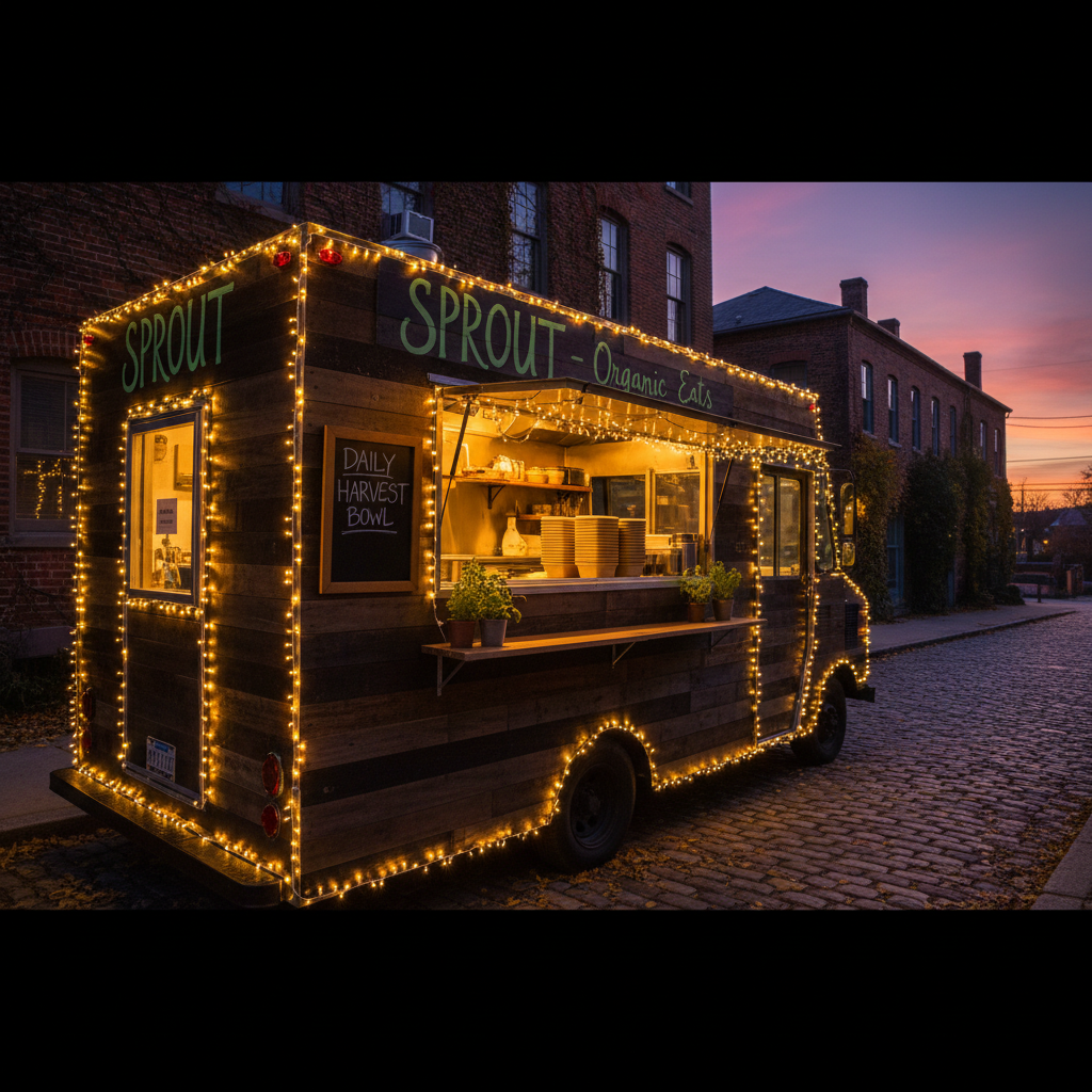 Sprout food truck at dusk with fairy lights glowing and compostable trays stacked near the window