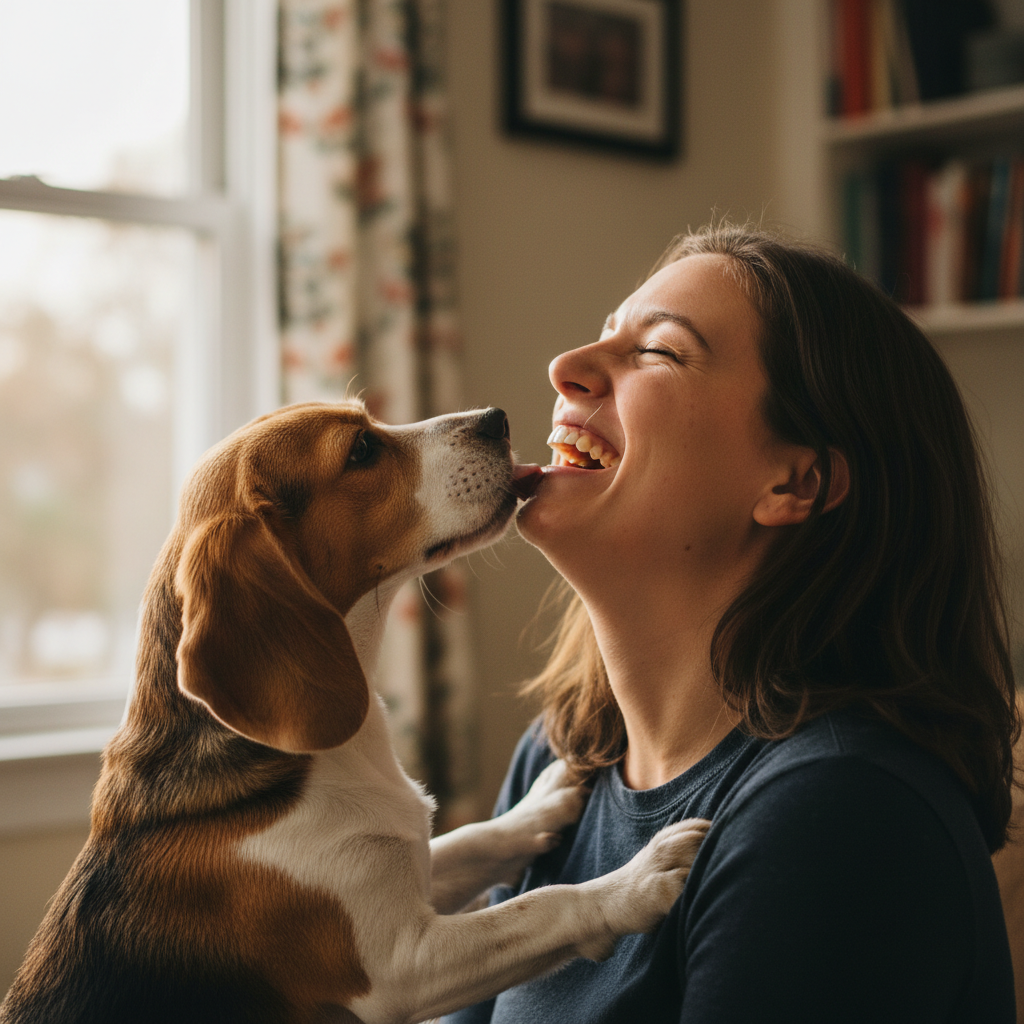 Woman laughing with eyes closed while a beagle licks her chin, photographed in soft window light