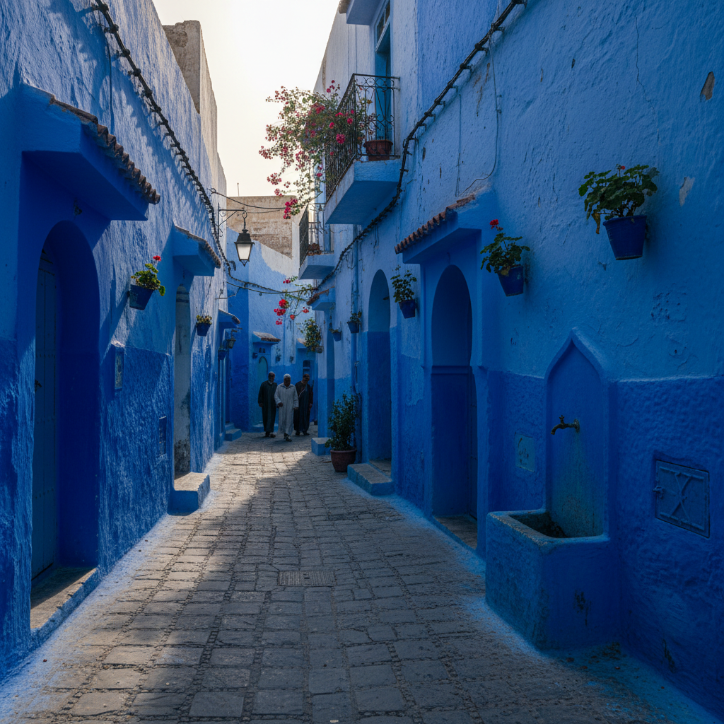 Blue-painted medina alley in Essaouira Morocco with morning light casting long shadows