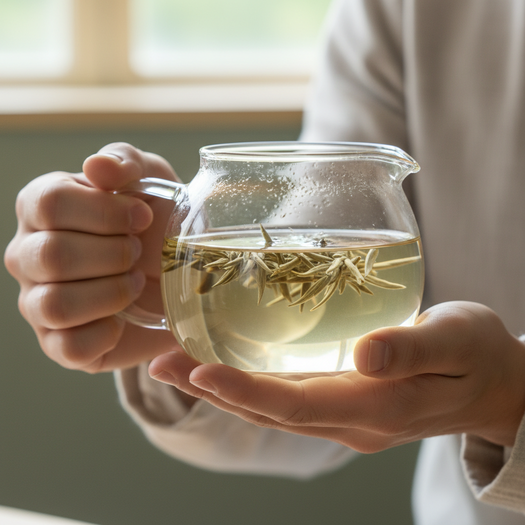 Chen Bowen holding a glass teapot with silver needle tea buds floating in pale gold water