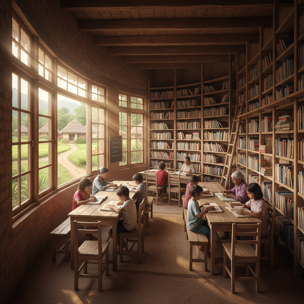 Bright open library with tall bookshelves, warm sunlight streaming through windows, rows of colorful English books