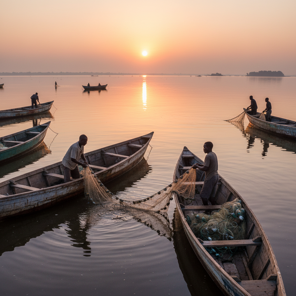 Wooden fishing boats on the glassy surface of Lake Victoria at sunrise with fishermen hauling nets