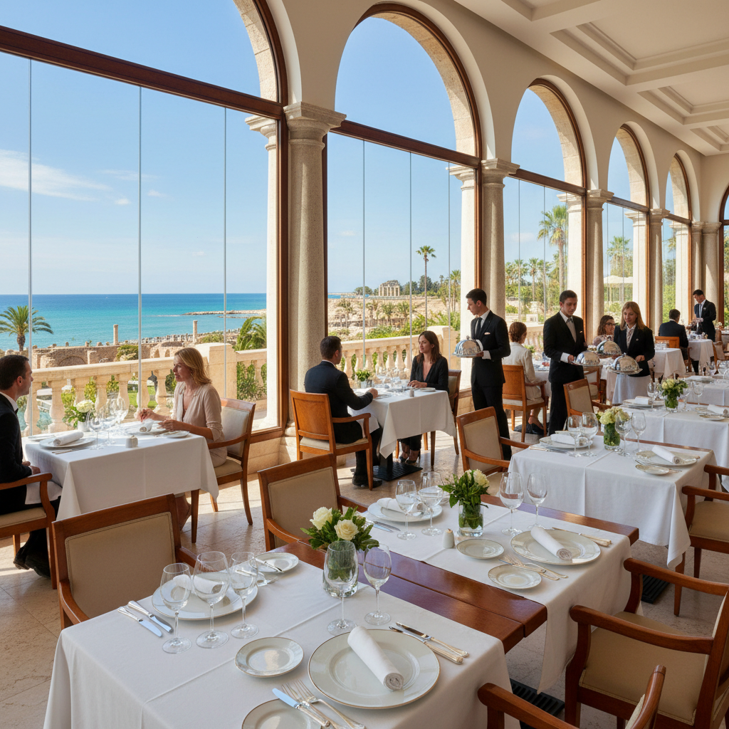 Elegant visrestaurant met uitzicht op de zee en verfijnd gedekte tafels