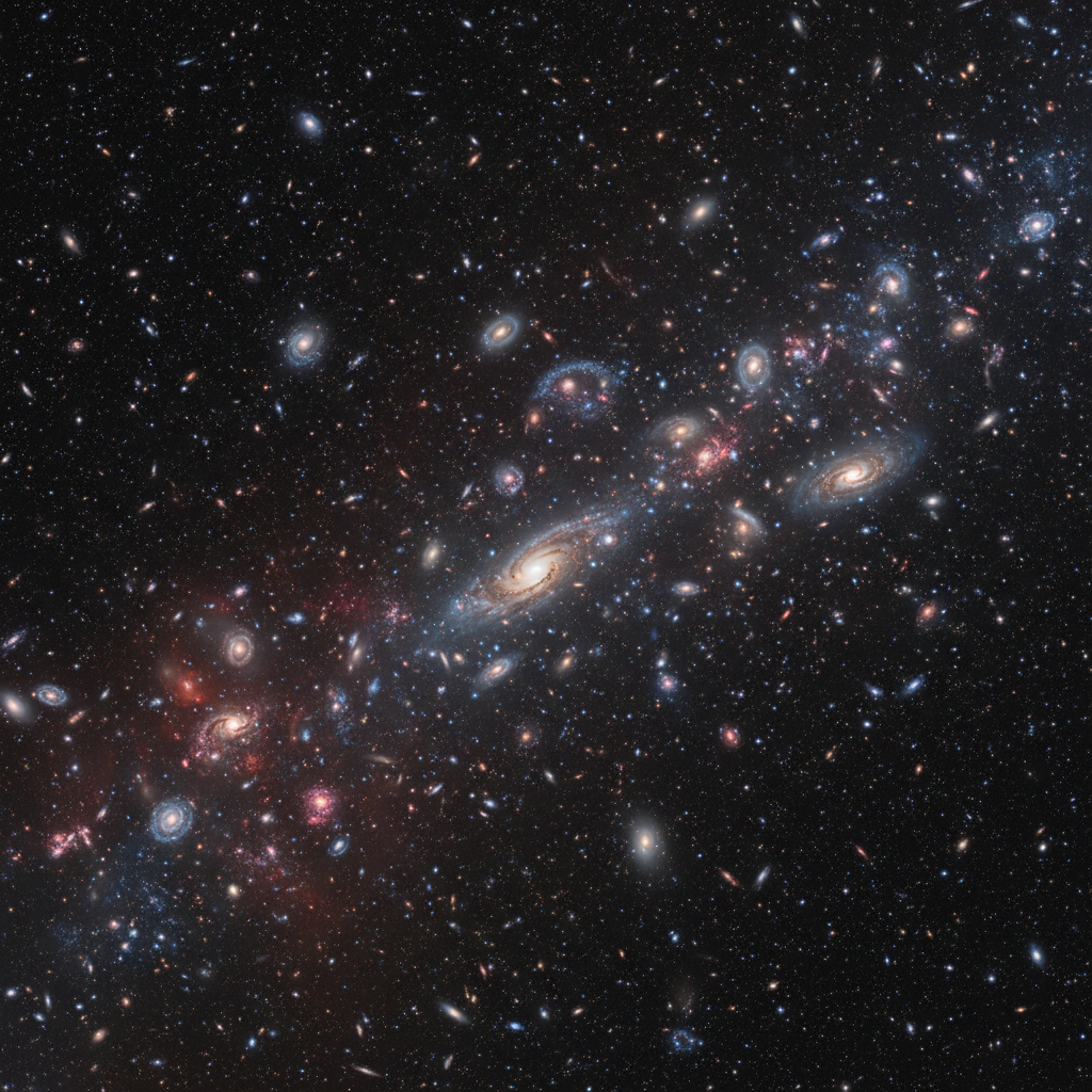 Deep space galaxy field with thousands of distant stars and nebulae, dark void of space, cosmic scale