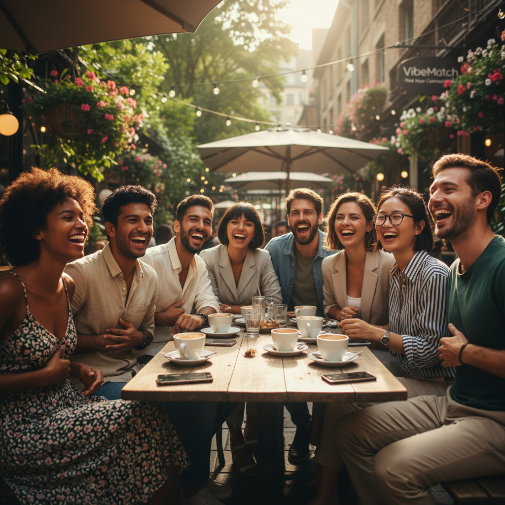 Diverse group of young Indian professionals in lively conversation at an outdoor cafe, warm afternoon light, genuine smiles and engagement