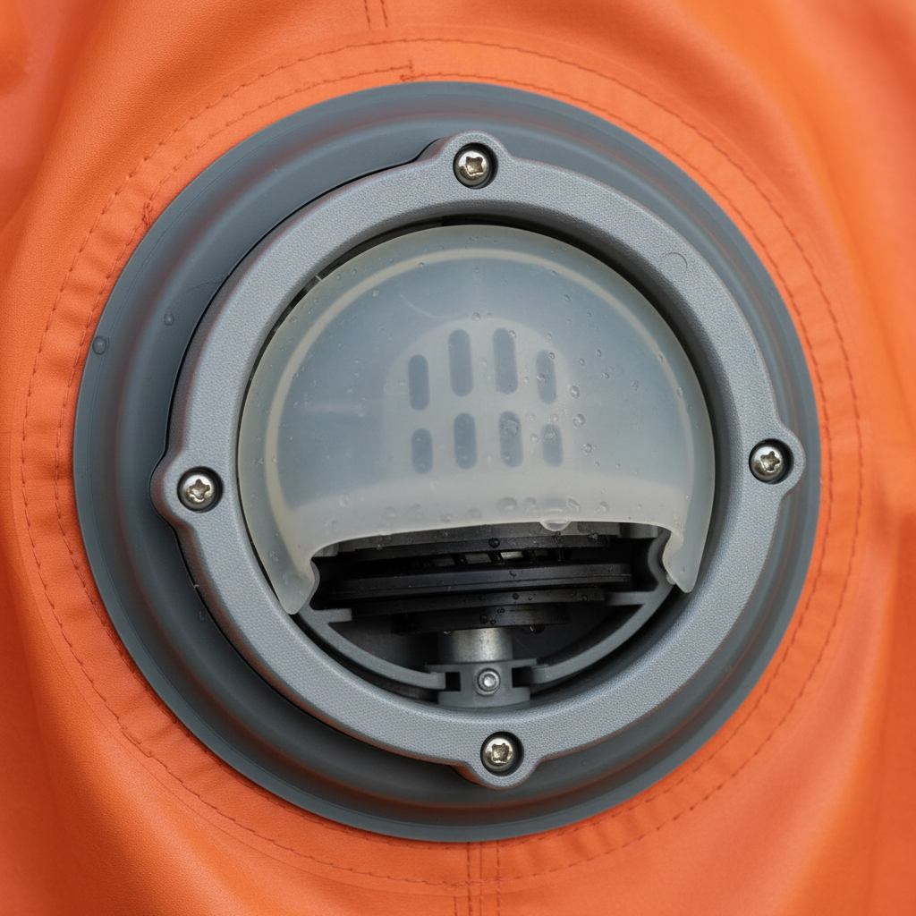 Macro photograph of exhaled air valve mechanism on chemical protective suit showing valve housing and seal components