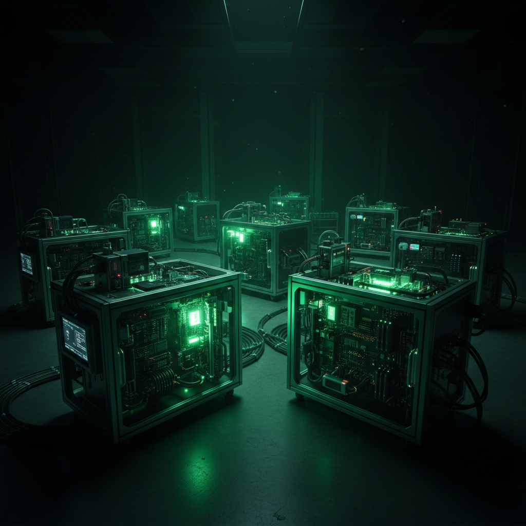 Dark atmospheric PCB circuit board with green traces and electronic components, dim industrial lighting