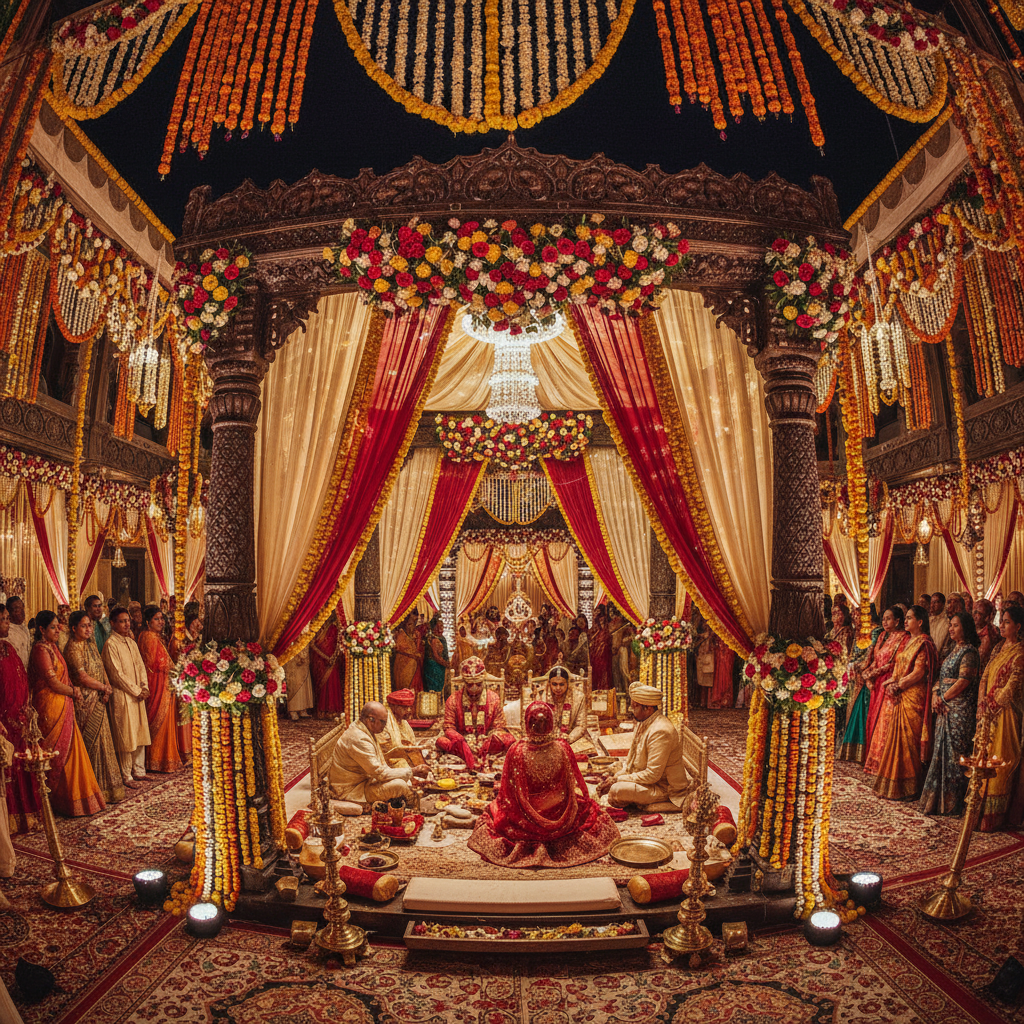 Opulent Indian wedding reception with marigold flower arches, gold mandap decorations, candlelit tables, and traditional red and gold color scheme