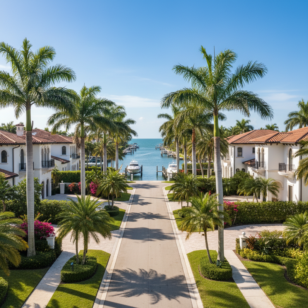 Boca Raton Florida luxury waterfront neighborhood with palm trees, premium residential area where Onyx Ceramic Studio provides mobile detailing services