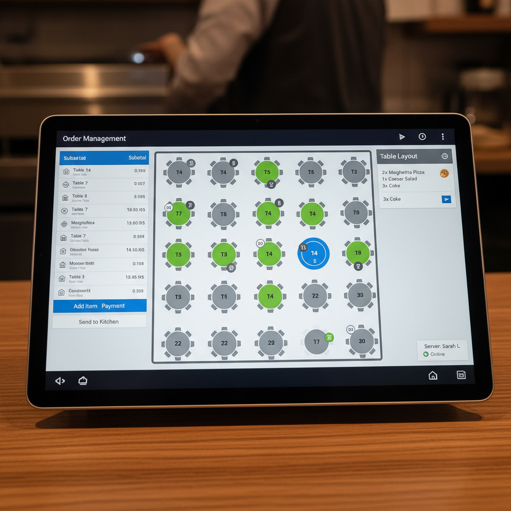 Restaurant POS interface showing order management, table layout, and kitchen display system